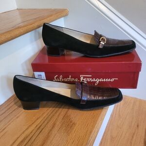 NEW Salvatore Ferragamo Brown Croc Leather & Black Suede Loafers